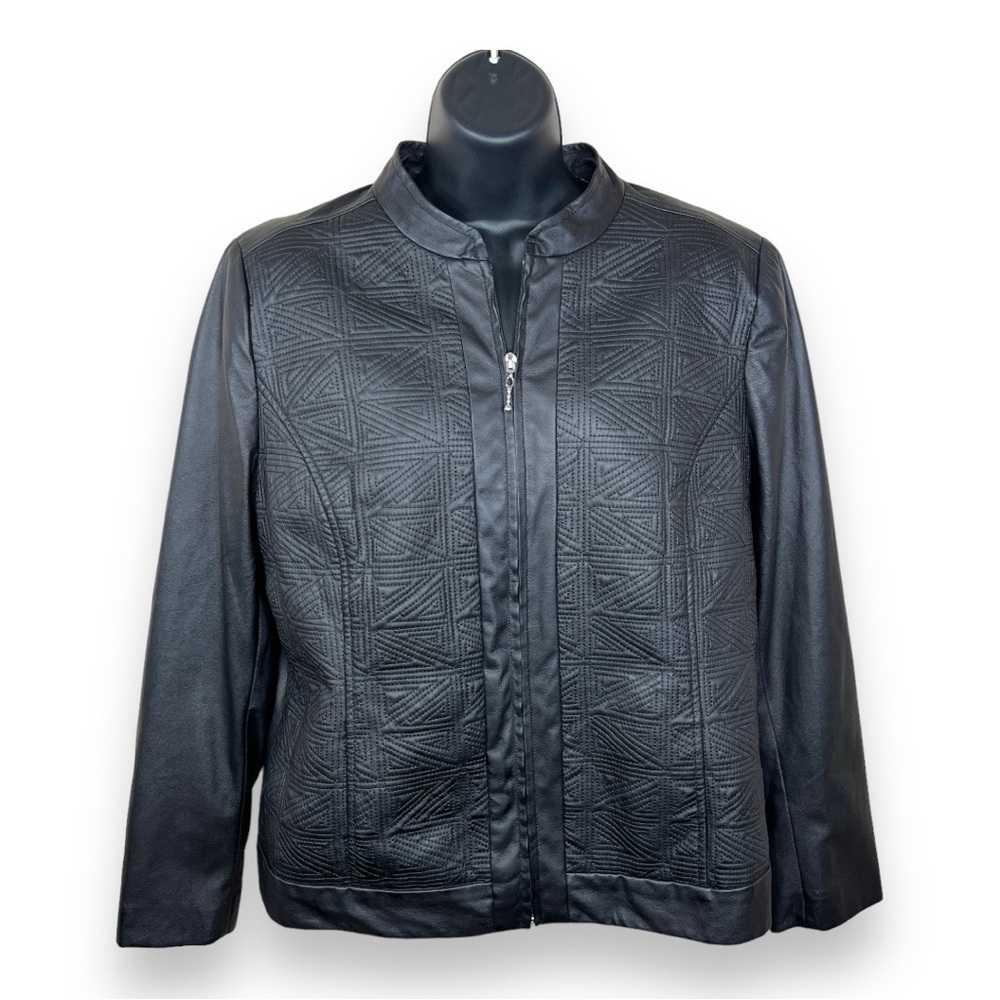 Size 13 TanJay Black Faux Leather Jacket Long Sleeve Lined Zip Closure